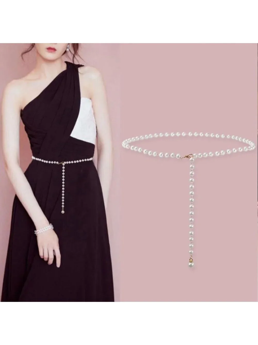 Rhinestone Pearl Elastic Waist Chain Belt - Women's Skinny Metal Cinch Gold Belt
